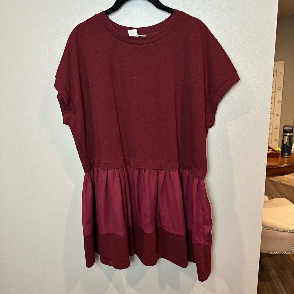 Lost Ink Burgundy Frill Bottom Short Sleeve Top 1X